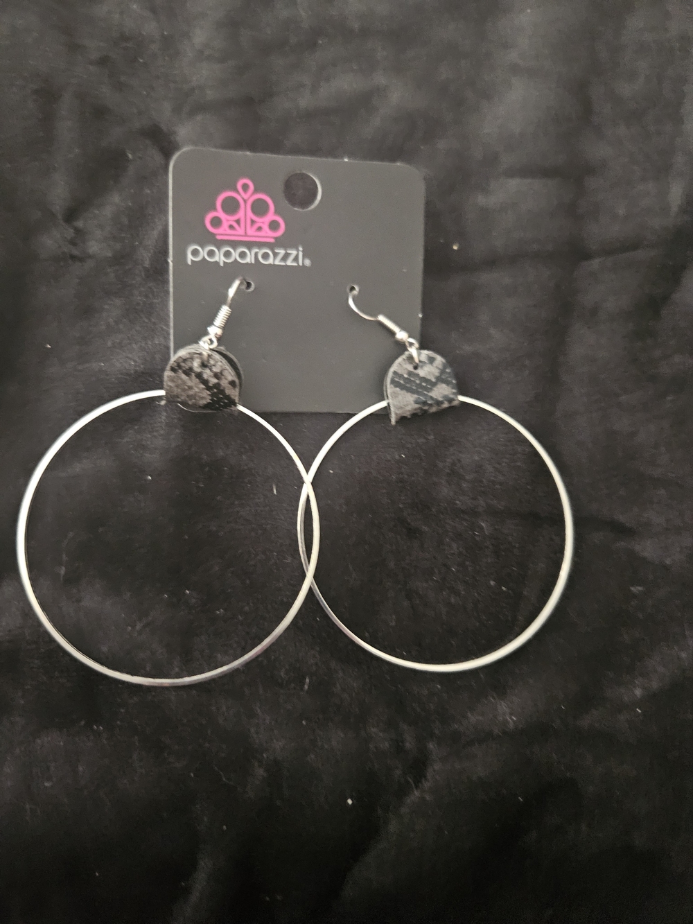 paparazzi Silver Hoop Earrings with Black Marbled Accent